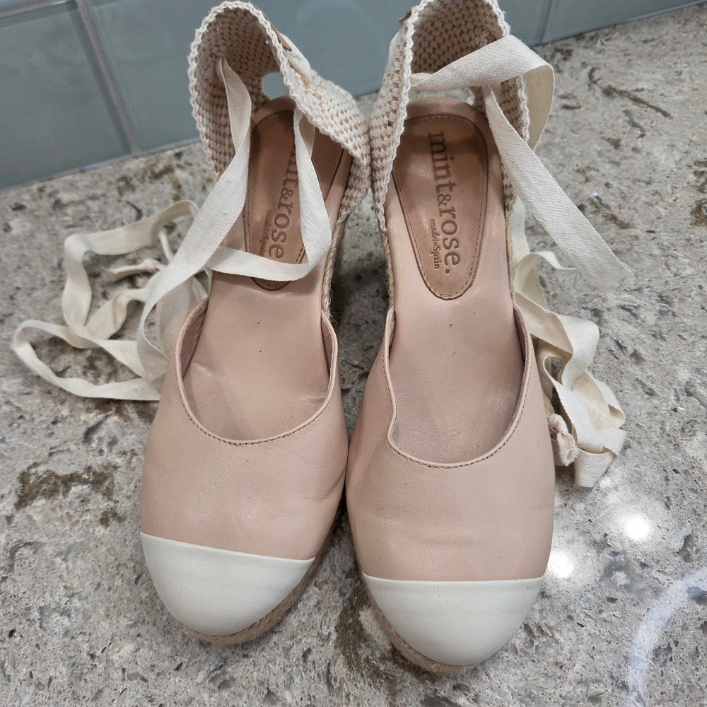 Mint & Rose Spain Leather Espadrille Wedge Sandals Blush Pink Cream‎ Cap Toe 38